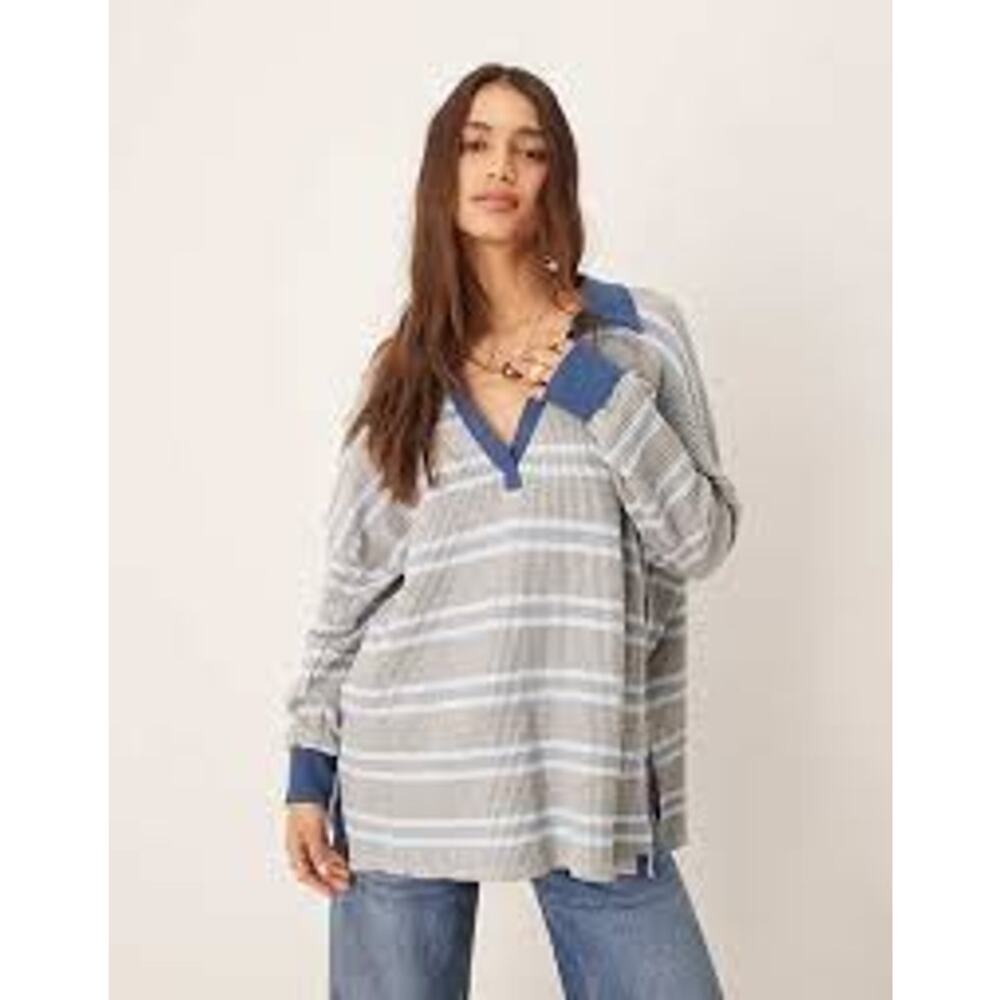 Free People We The Free Travis Polo Waffle Knit Striped Oversized Top Small